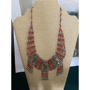 Vintage Egyptian Revival necklace / Red and Silvertone Egyptian Style necklace